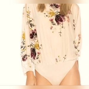 Free People Intimately Floral Velvet Bodysuit  Champayne Beige Dolman Sleeves XS